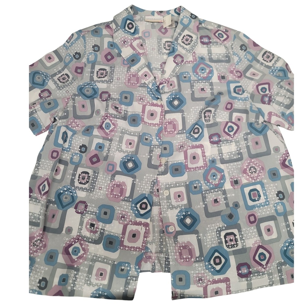 Grandmacore Alfred Dunner Woman 18W Grey Geometric Print Button Front Blouse Top